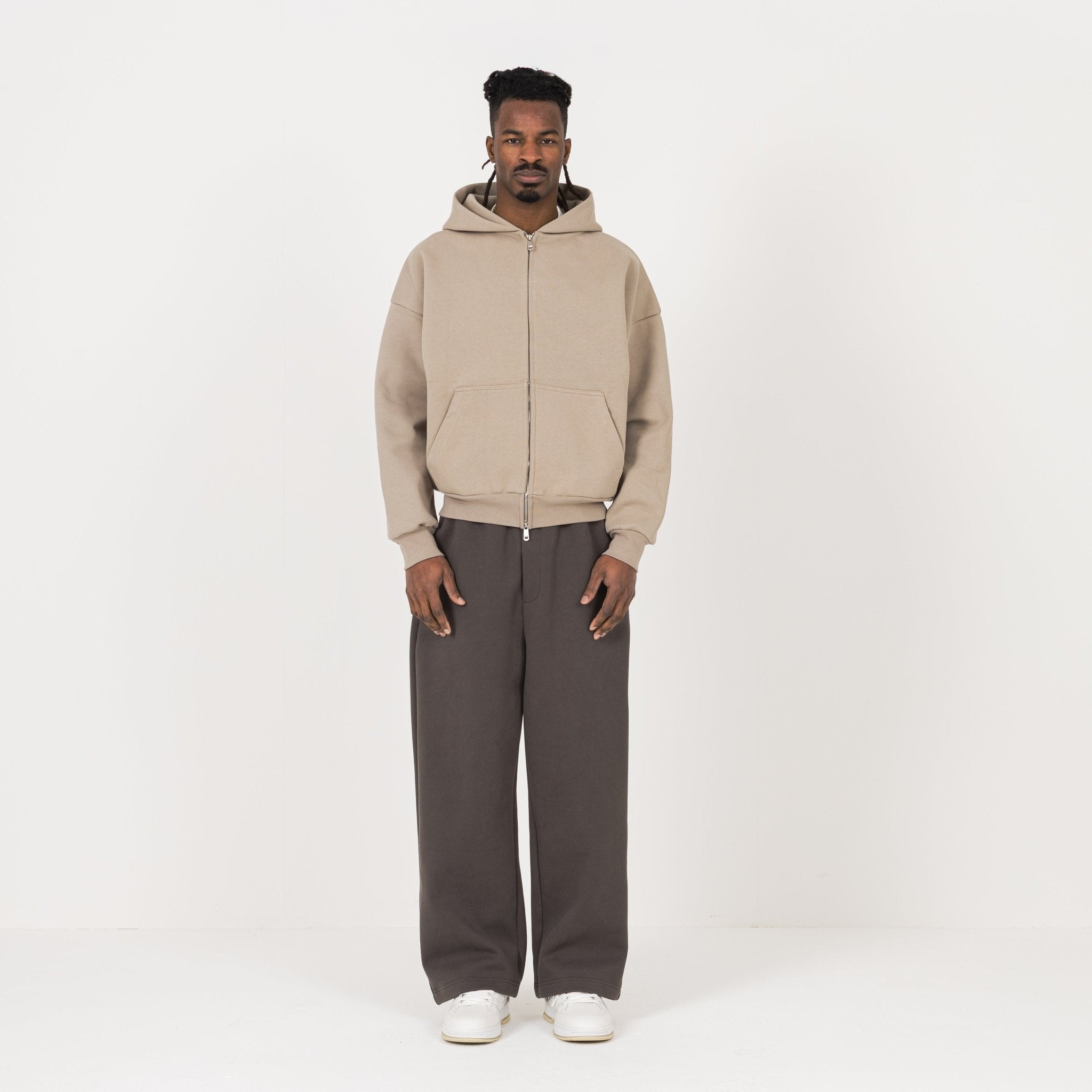 Model view of Destructive Sculpt Zip Loam Brown Hoodie